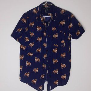 Forever 21 Blue Pug Buttoned Collared Short Sleeve Shirt